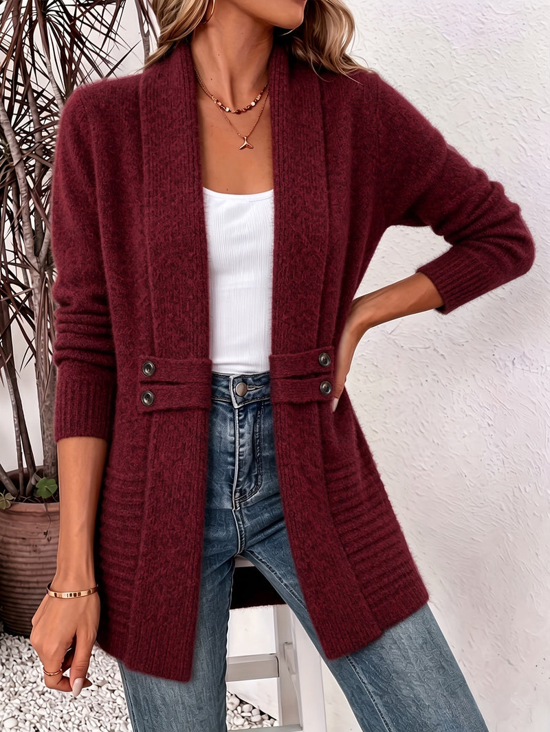 Longline Shawl Collar Cardigan for Women with Button Tab Waist, front view 2