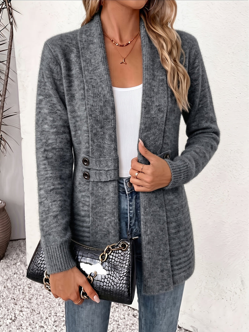 Longline Shawl Collar Cardigan for Women with Button Tab Waist, front view 3