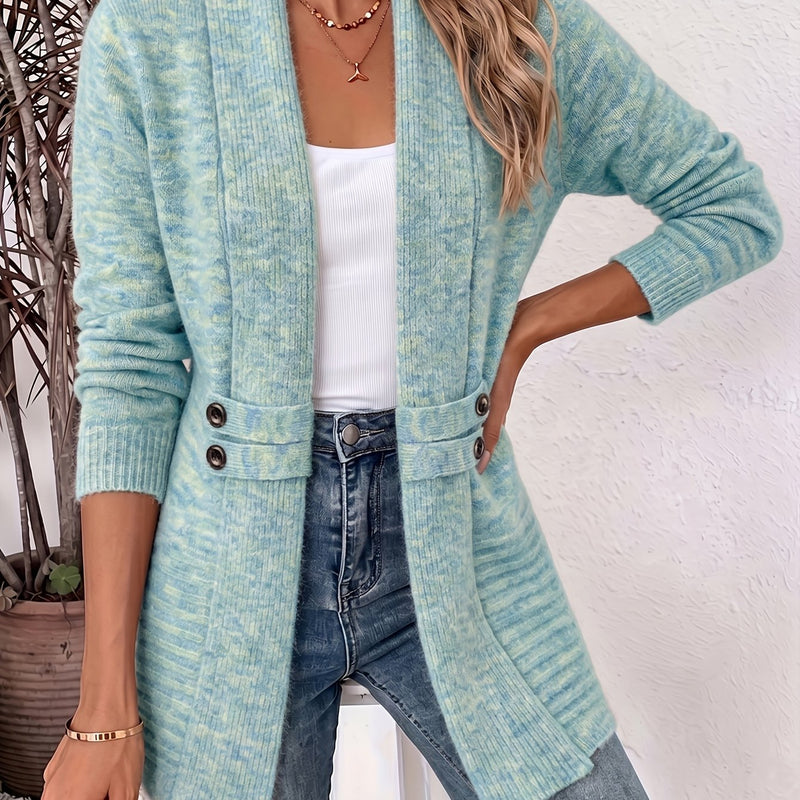 Longline Shawl Collar Cardigan for Women with Button Tab Waist in Light Blue, front view 2