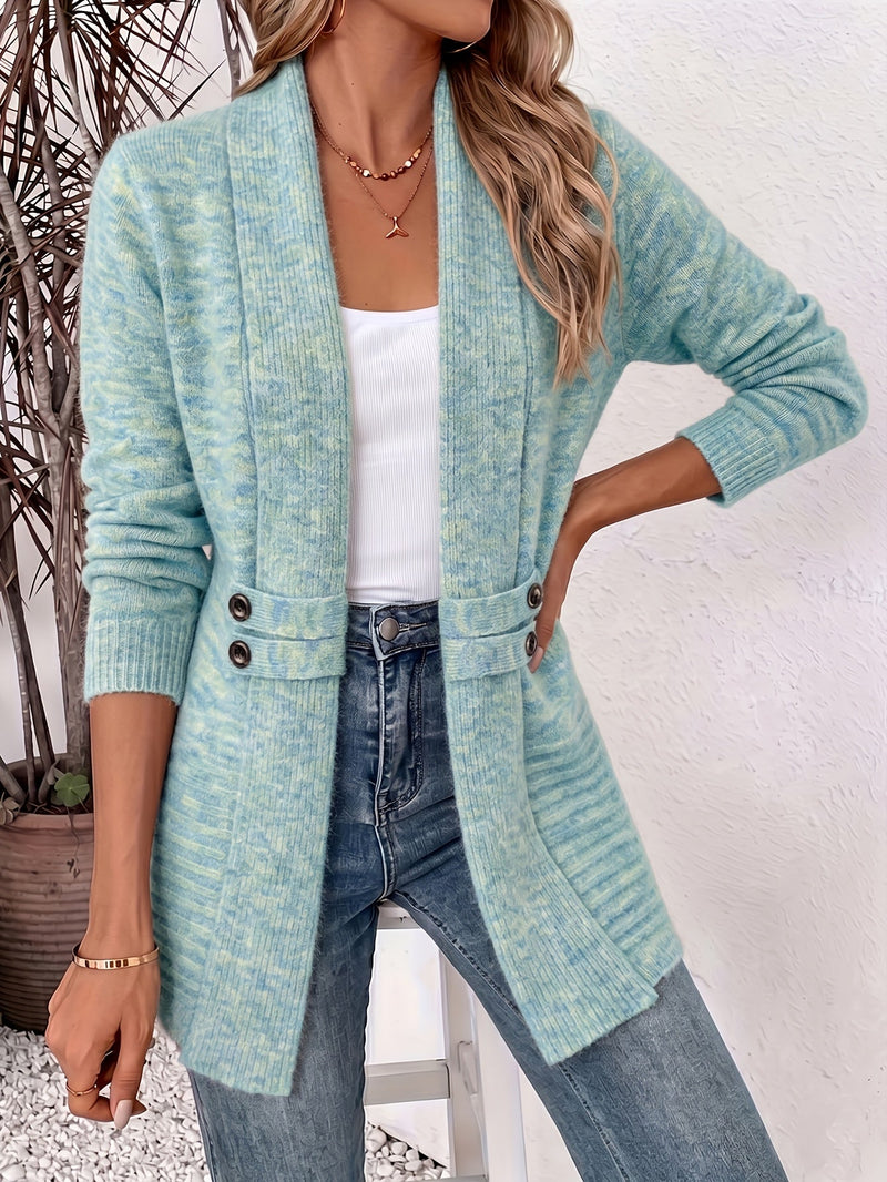 Longline Shawl Collar Cardigan for Women with Button Tab Waist in Light Blue, front view
