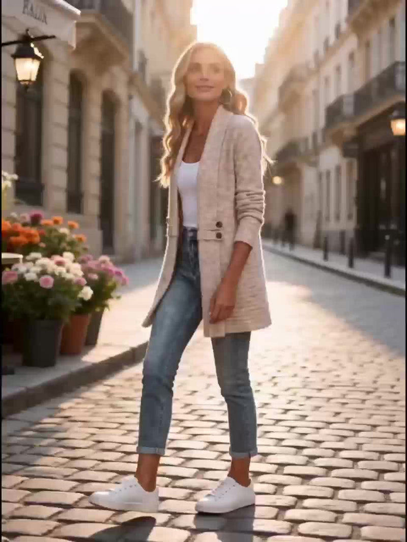 Longline Shawl Collar Cardigan for Women with Button Tab Waist in Oatmeal, styled view