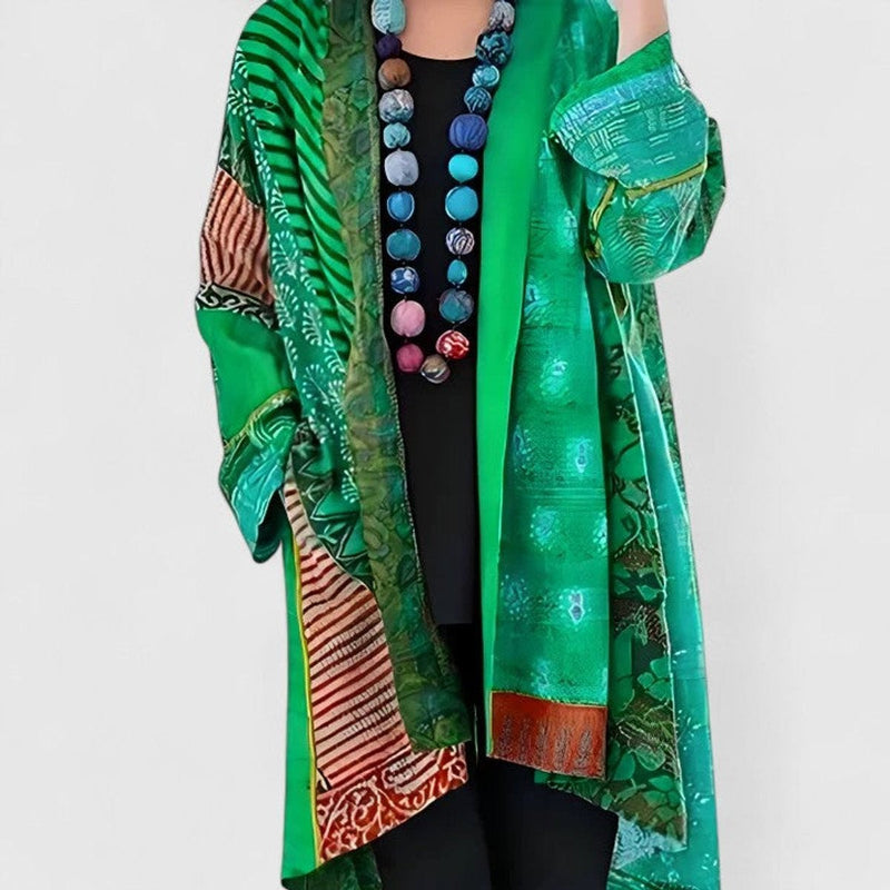 Boho Patchwork Duster Cardigan for Women with Open Front and Printed Trim in Green, front view