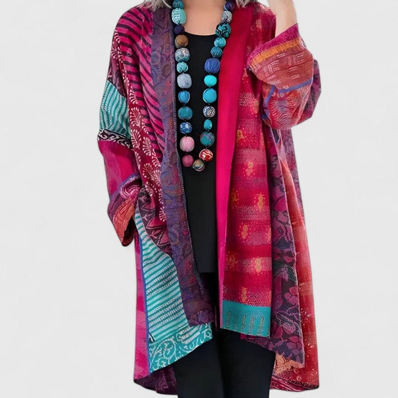 Boho Patchwork Duster Cardigan for Women with Open Front and Printed Trim in Pink, front view