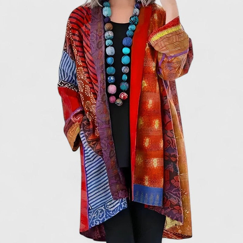 Boho Patchwork Duster Cardigan for Women with Open Front and Printed Trim in Red, front view