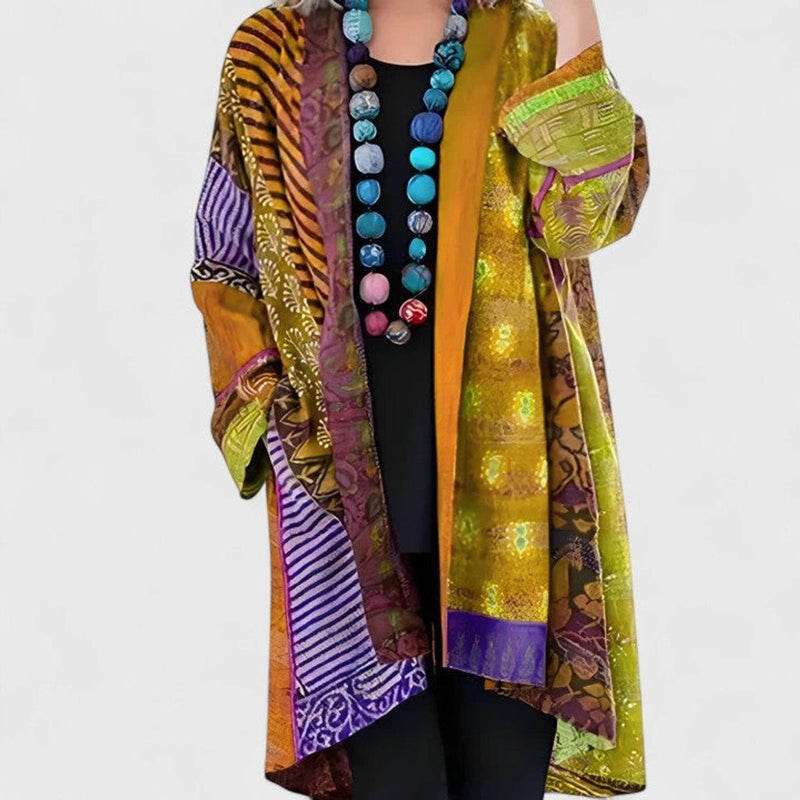 Boho Patchwork Duster Cardigan for Women with Open Front and Printed Trim in Yellow, front view