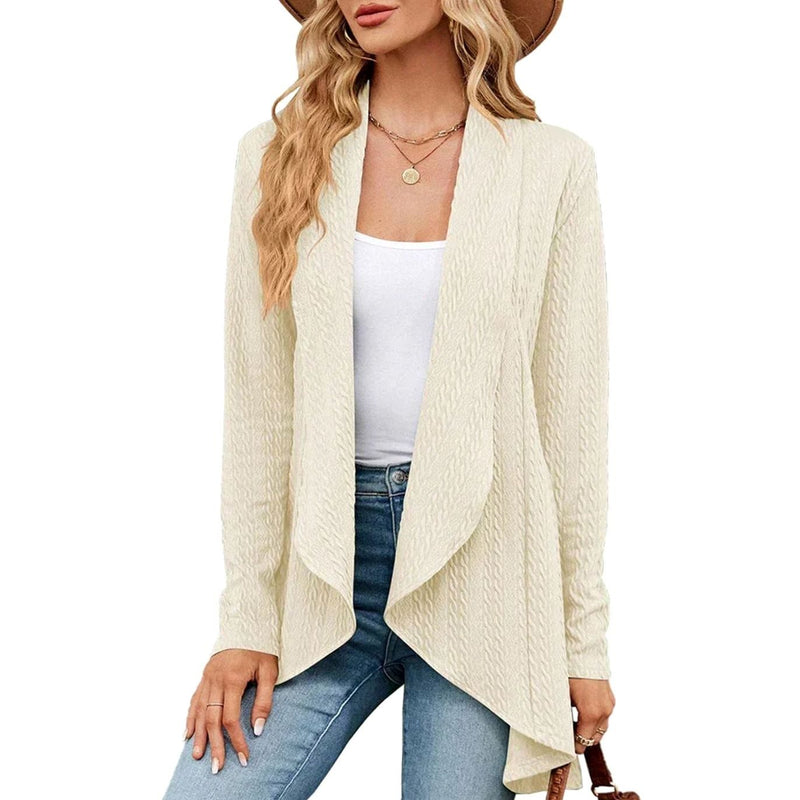 Textured Waterfall Cardigan for Women with Open Front and Draped Lapels in Beige, front view