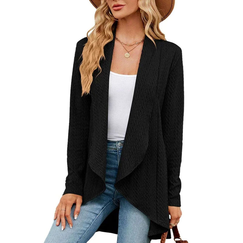 Textured Waterfall Cardigan for Women with Open Front and Draped Lapels in Black, front view