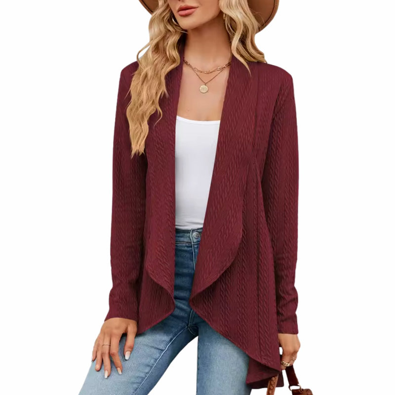 Textured Waterfall Cardigan for Women with Open Front and Draped Lapels in Burgundy, front view