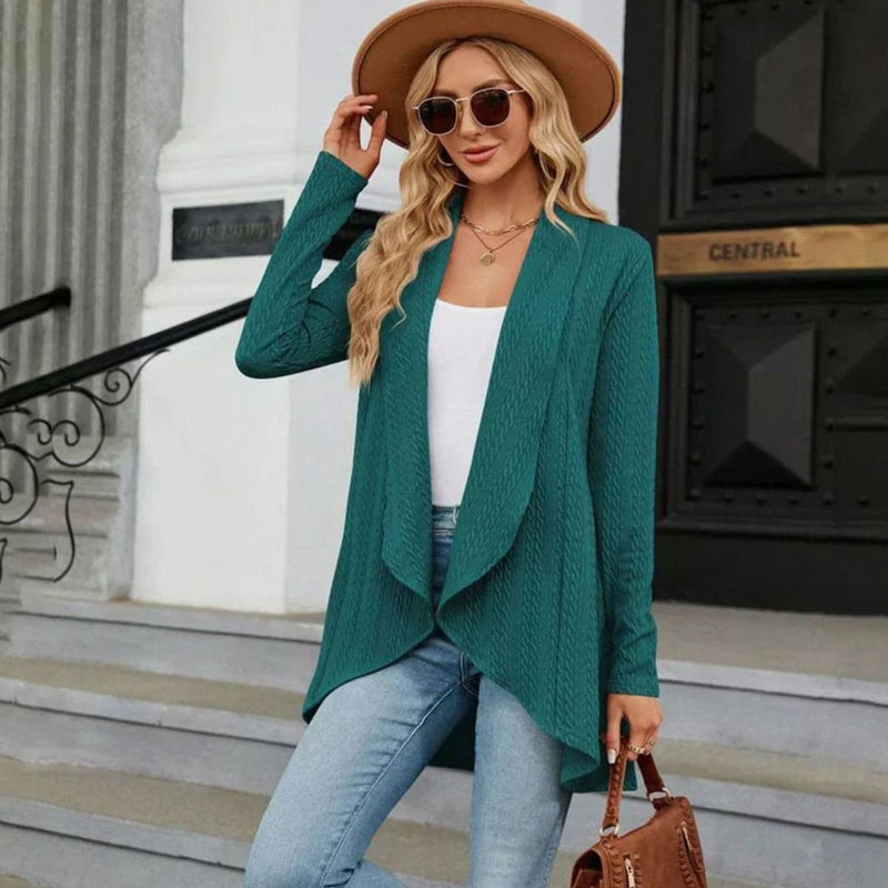 Textured Waterfall Cardigan for Women with Open Front and Draped Lapels in Green, styled view