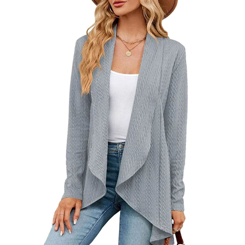 Textured Waterfall Cardigan for Women with Open Front and Draped Lapels in Grey, front view