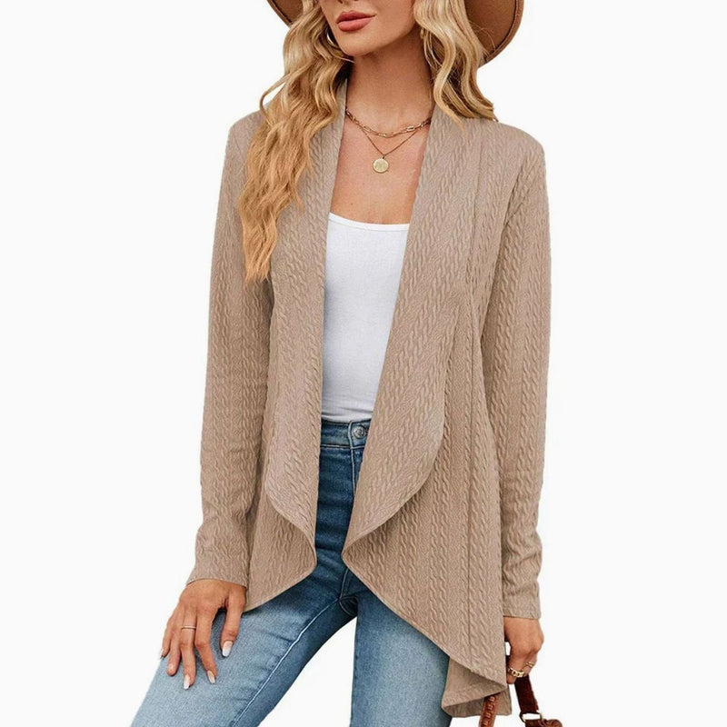 Textured Waterfall Cardigan for Women with Open Front and Draped Lapels in Khaki, front view