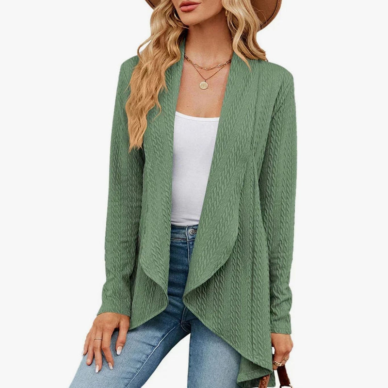 Textured Waterfall Cardigan for Women with Open Front and Draped Lapels in Light Green, front view