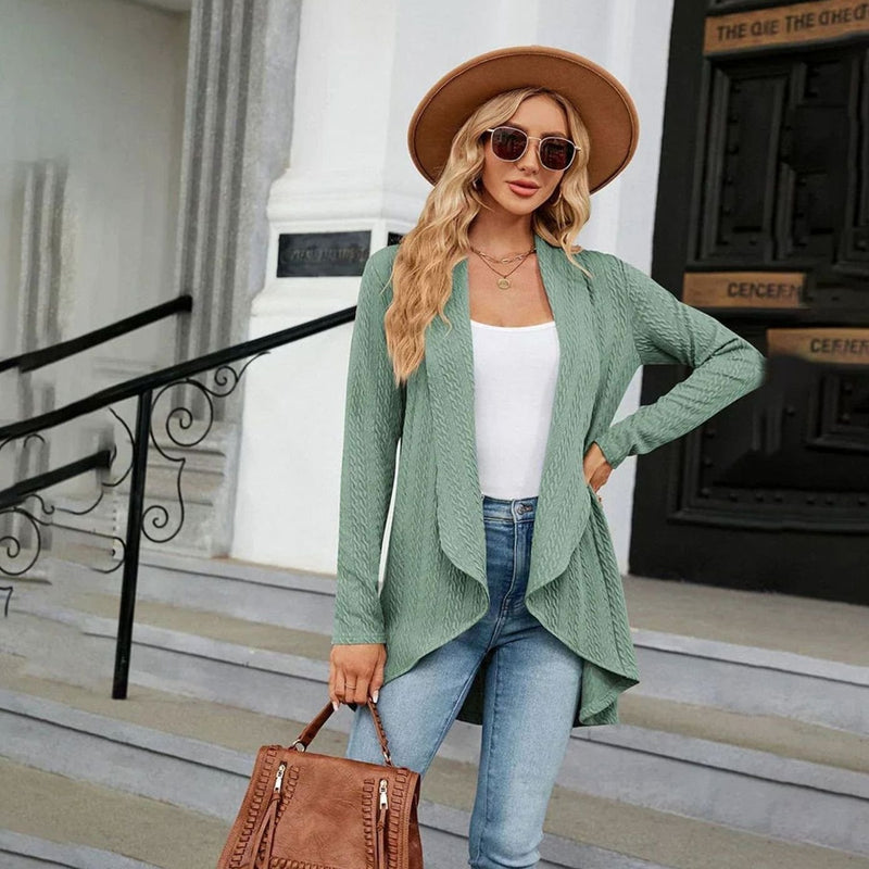 Textured Waterfall Cardigan for Women with Open Front and Draped Lapels in Light Green, styled full length view