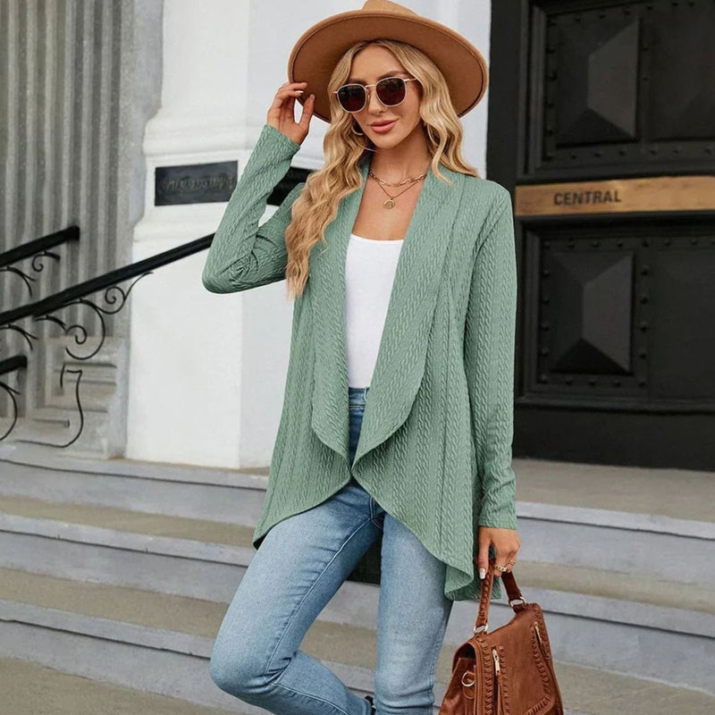Textured Waterfall Cardigan for Women with Open Front and Draped Lapels in Light Green, styled view