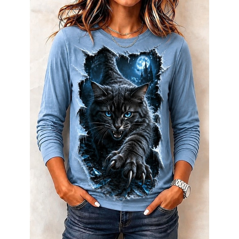 Cat Print Long Sleeve Top for Women with Crew Neck and Full Moon Graphic in Blue, front view