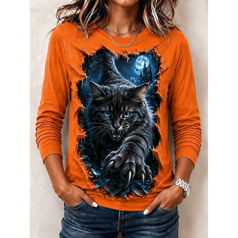 Cat Print Long Sleeve Top for Women with Crew Neck and Full Moon Graphic in Orange, front view