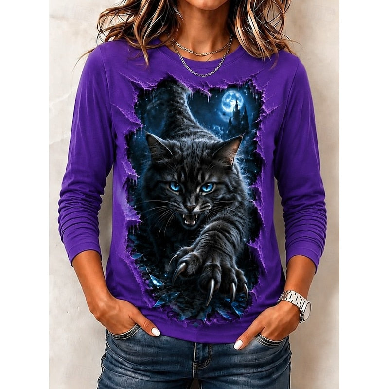 Cat Print Long Sleeve Top for Women with Crew Neck and Full Moon Graphic in Purple, front view