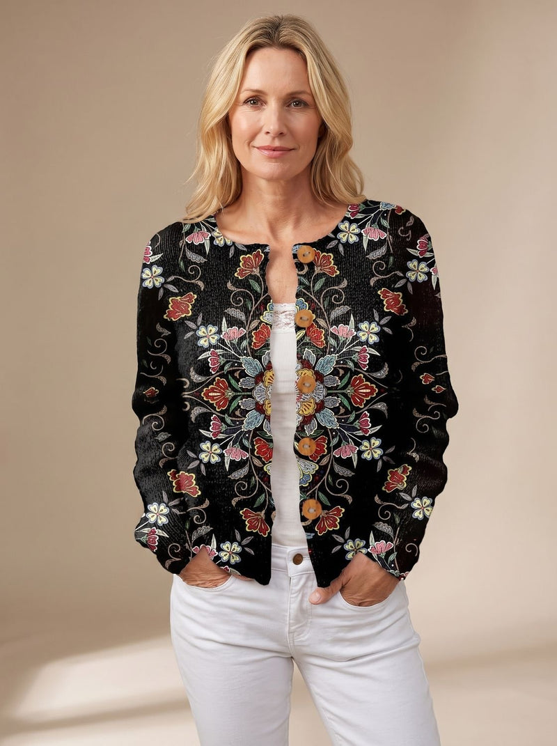 Vintage Floral Knit Cardigan for Women with Crew Neck and Button Front in Black, front view