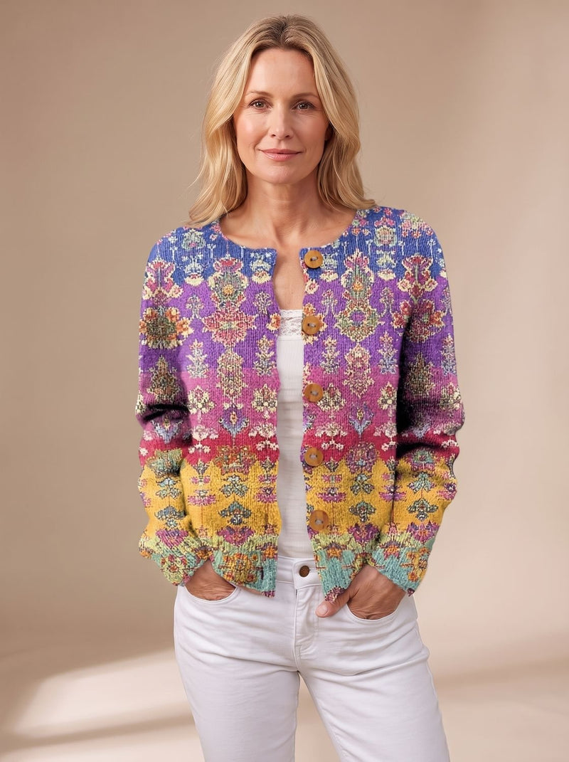 Vintage Floral Knit Cardigan for Women with Crew Neck and Button Front, print variation front view