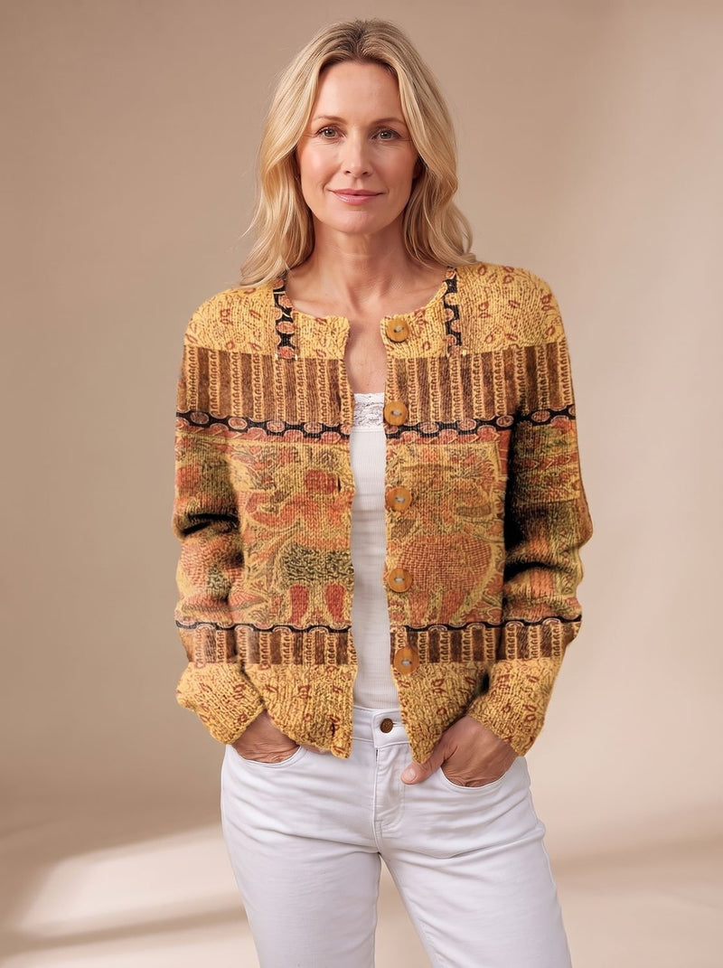 Vintage Floral Knit Cardigan for Women with Crew Neck and Button Front, print variation front view 2