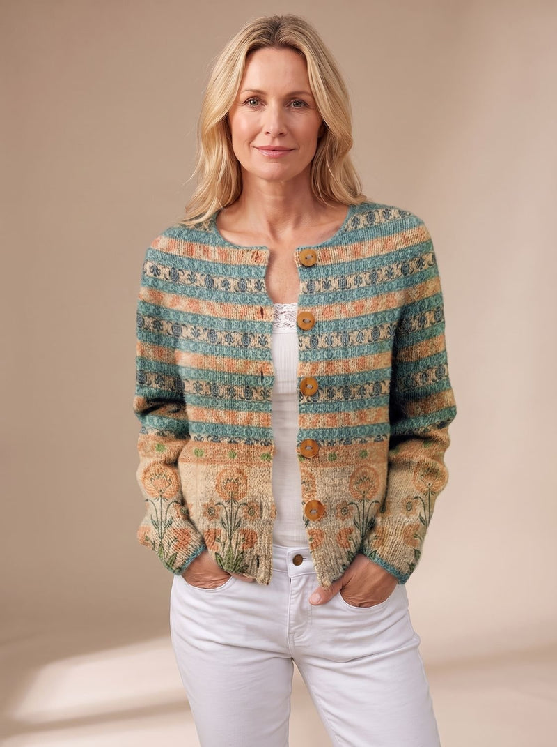 Vintage Floral Knit Cardigan for Women with Crew Neck and Button Front in Green, front view
