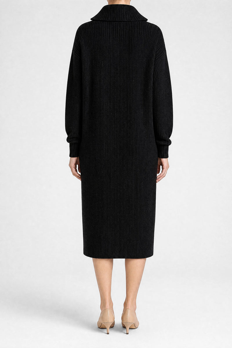 Sofaine Rose ribbed knit collared sweater dress in Black, back view studio shot