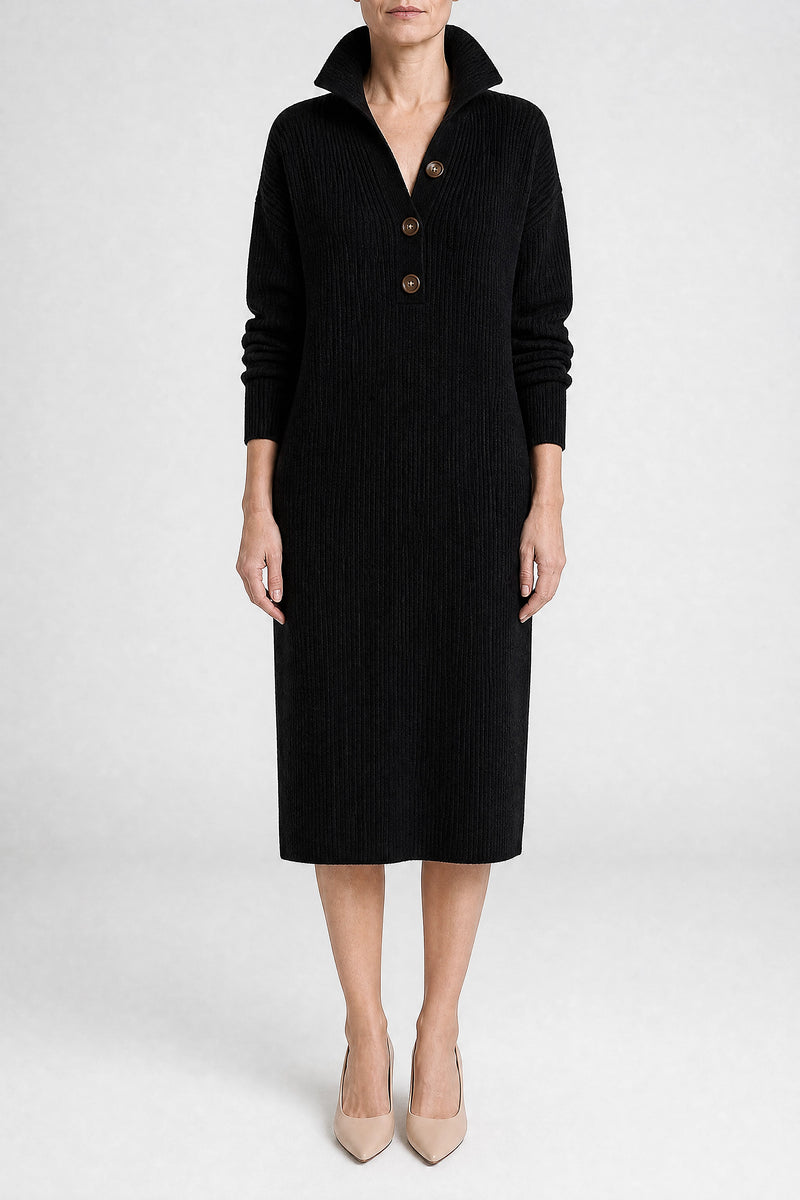 Sofaine Rose ribbed knit collared sweater dress in Black, front view studio shot