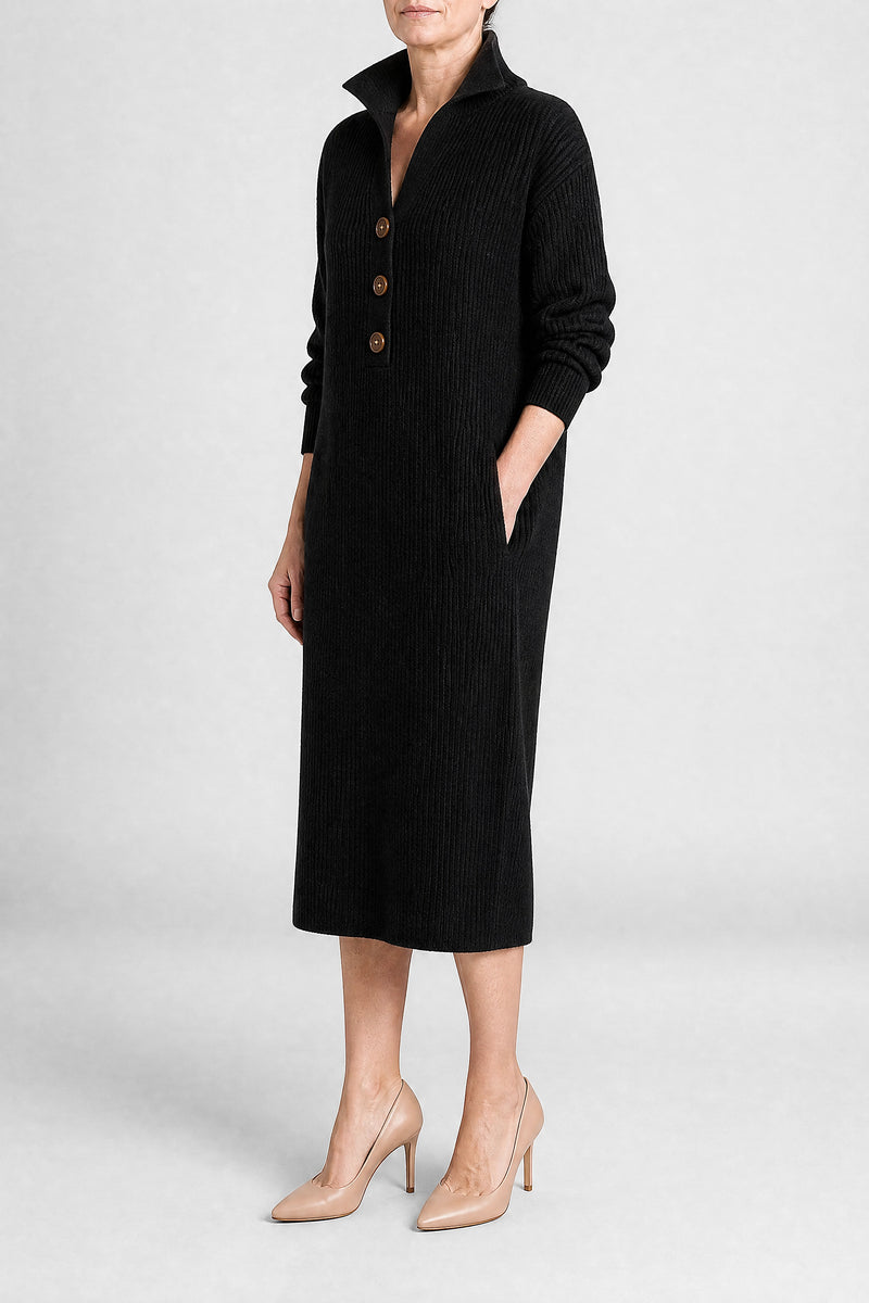 Sofaine Rose ribbed knit collared sweater dress in Black, side view studio shot
