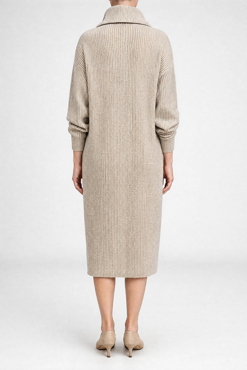 Sofaine Rose ribbed knit collared sweater dress in Khaki, back view studio shot