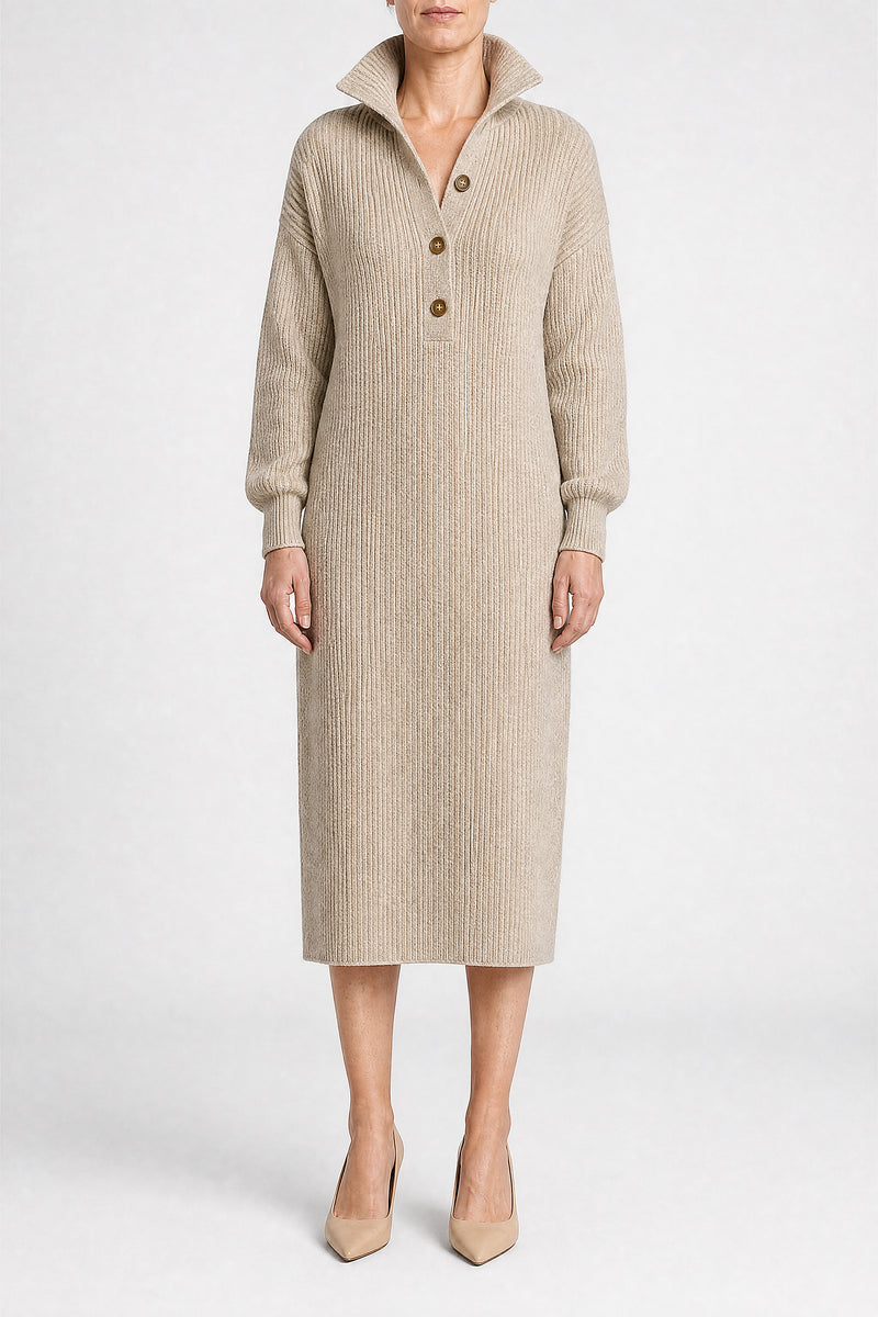 Sofaine Rose ribbed knit collared sweater dress in Khaki, front view studio shot