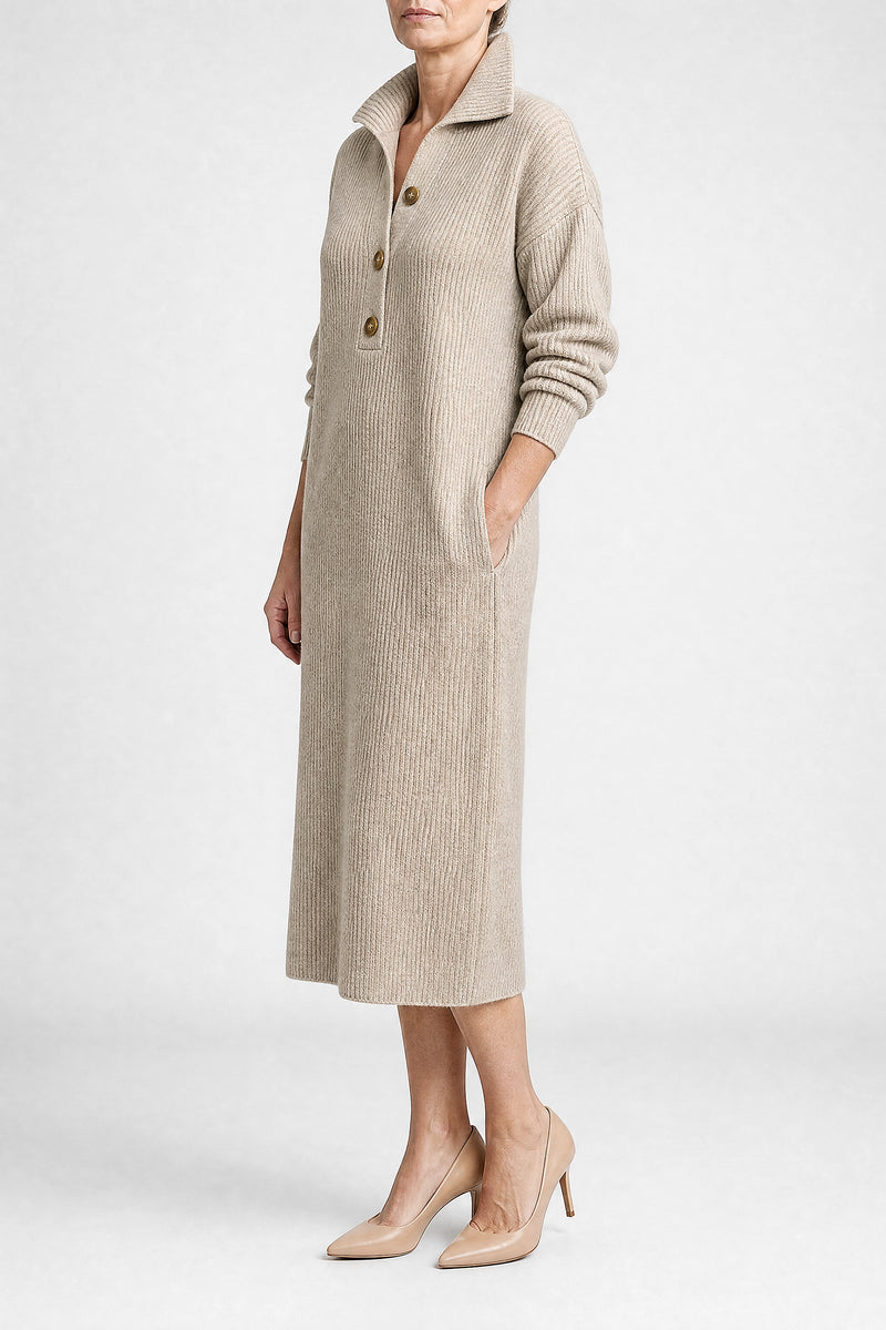 Sofaine Rose ribbed knit collared sweater dress in Khaki, side view studio shot