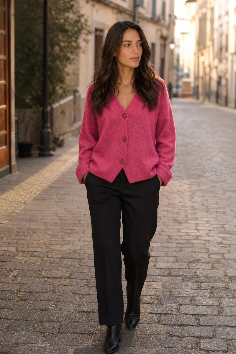 SOFAINE-V7-LIFE-Ramona | Button-Front Cardigan in Rose red, street-style view