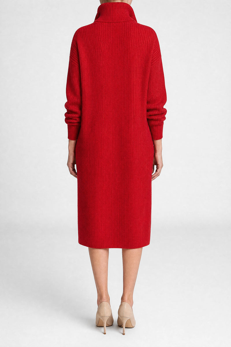 Sofaine Rose ribbed knit collared sweater dress in Red, back view studio shot