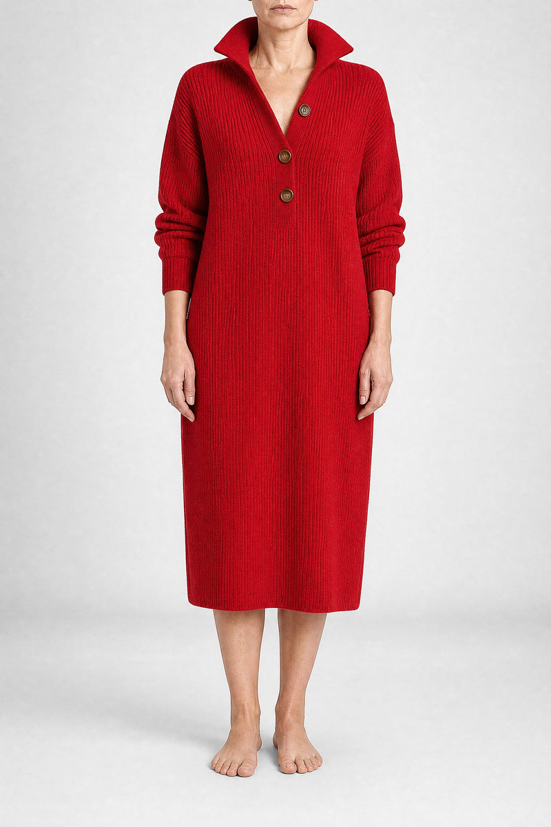 Sofaine Rose ribbed knit collared sweater dress in Red, front view studio shot