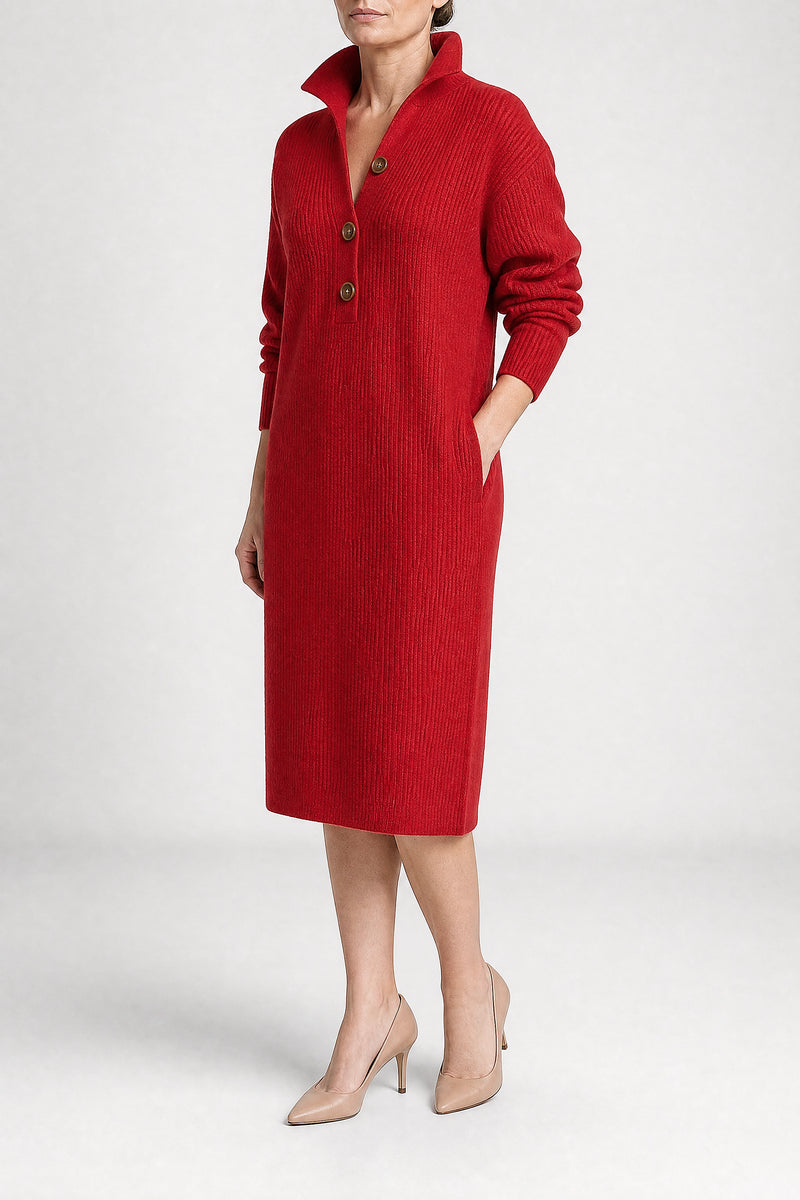 Sofaine Rose ribbed knit collared sweater dress in Red, side view studio shot