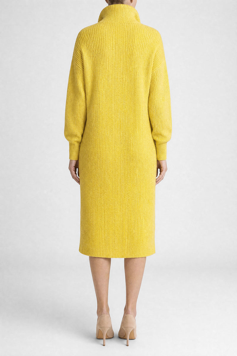 Sofaine Rose ribbed knit collared sweater dress in Yellow, back view studio shot