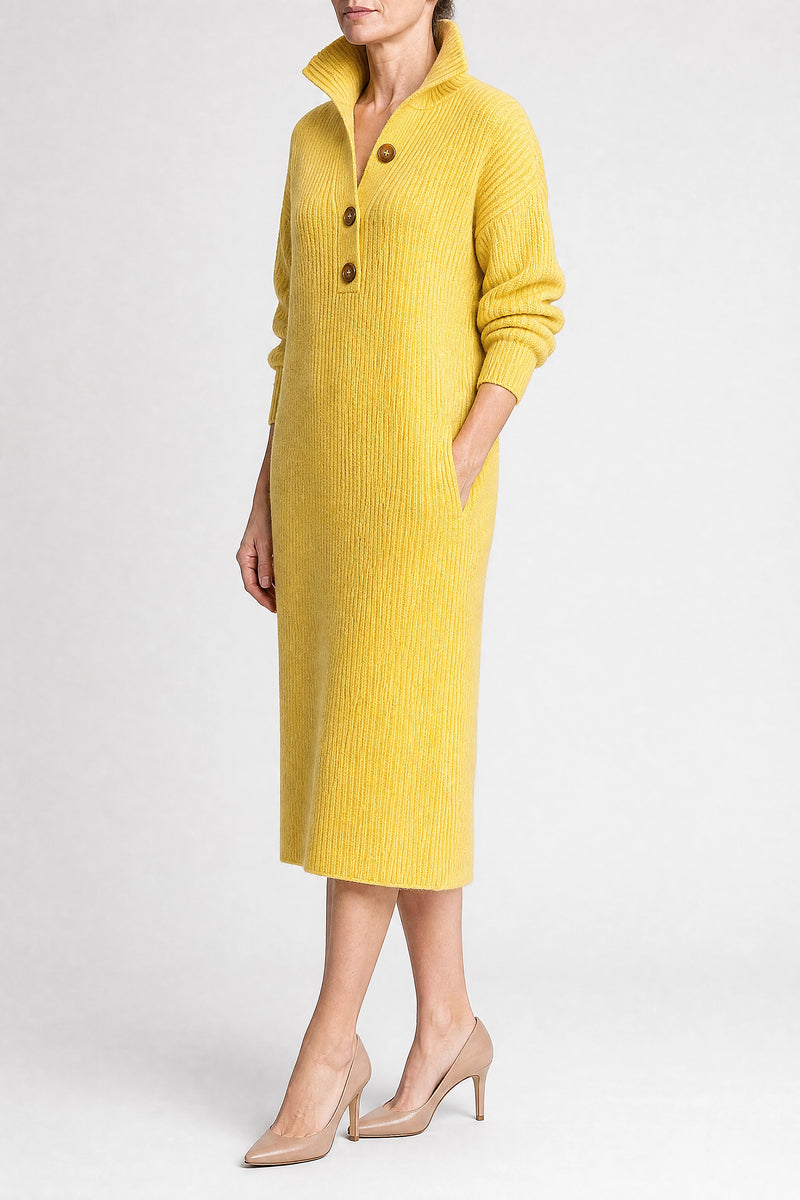 Sofaine Rose ribbed knit collared sweater dress in Yellow, side view studio shot