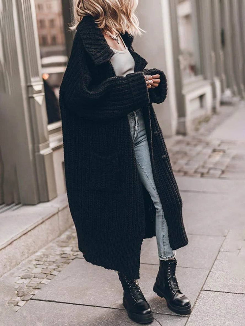 Chunky Knit Duster Cardigan for Women with Wide Collar and Patch Pockets in Black, front view