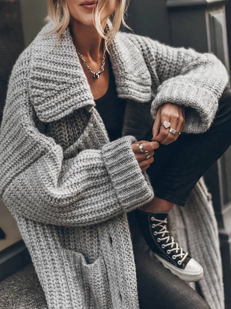 Chunky Knit Duster Cardigan for Women with Wide Collar and Patch Pockets in Gray, close-up