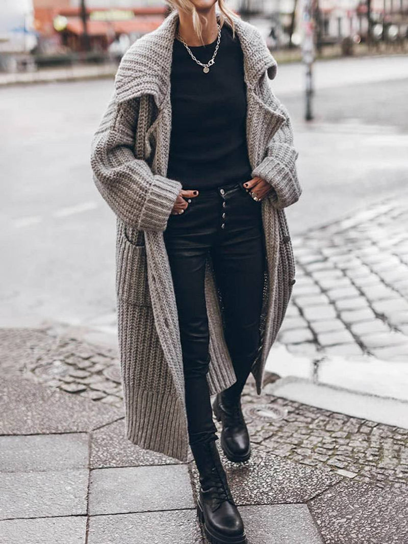 Chunky Knit Duster Cardigan for Women with Wide Collar and Patch Pockets in Gray, full length front view
