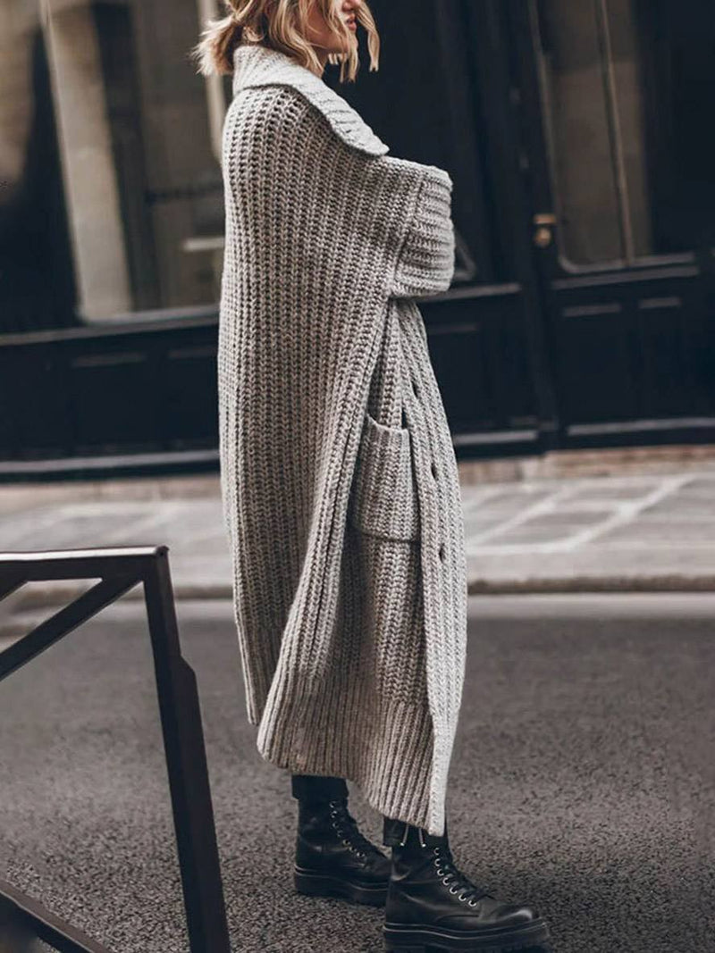 Chunky Knit Duster Cardigan for Women with Wide Collar and Patch Pockets in Gray, side view