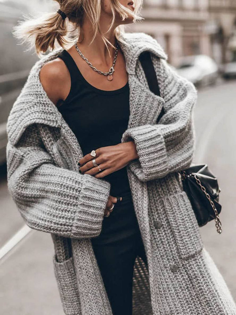 Chunky Knit Duster Cardigan for Women with Wide Collar and Patch Pockets in Gray, styled view