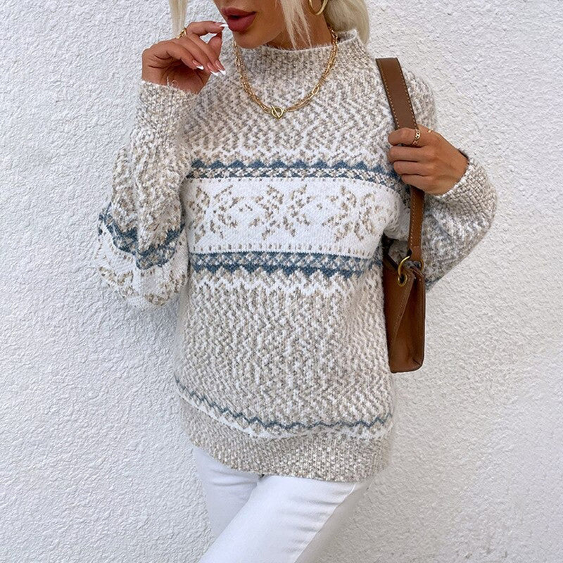 Snowflake Sweater for Women with Fair Isle Pattern and Mock Neck in Light Grey, styled front view
