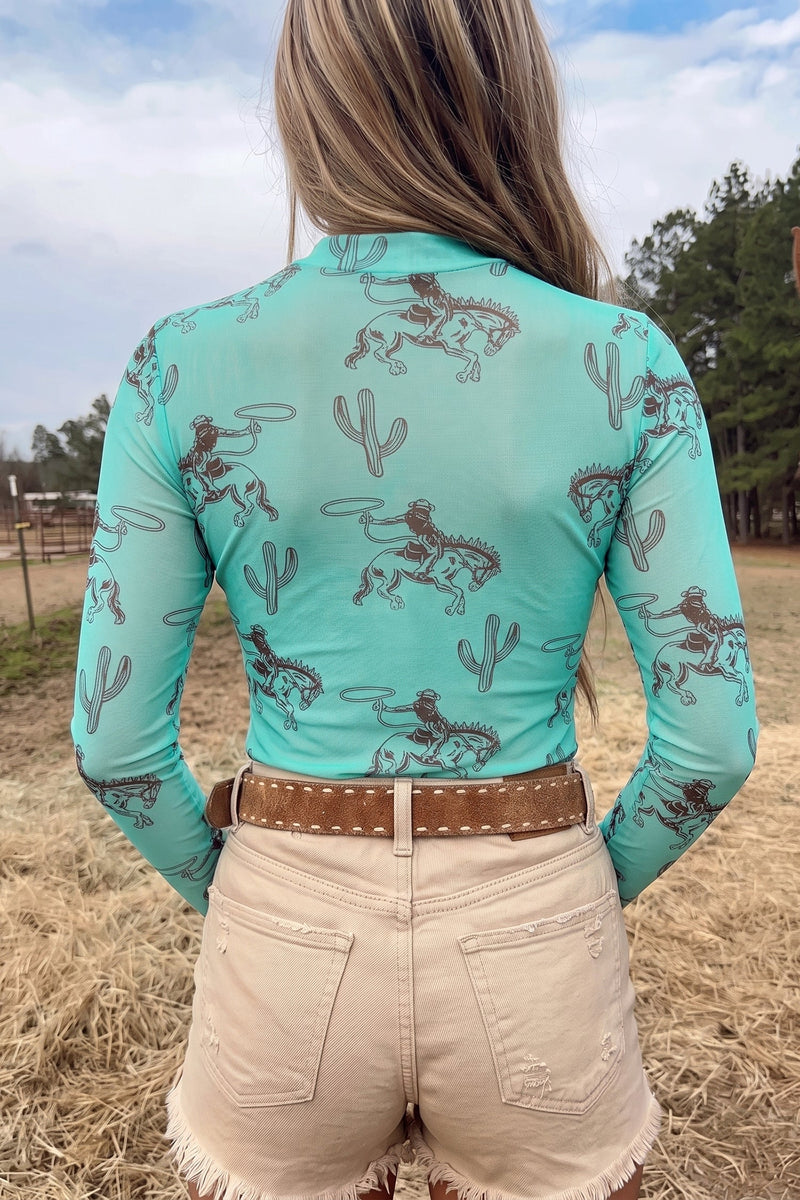 Western Print Mesh Top for Women with Mock Neck and Long Sleeves in Turquoise, back view