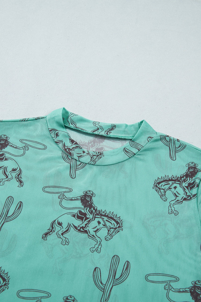 Western Print Mesh Top for Women with Mock Neck and Long Sleeves in Turquoise, collar detail