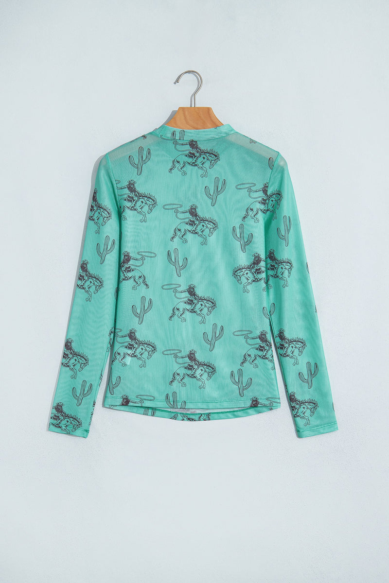 Western Print Mesh Top for Women with Mock Neck and Long Sleeves in Turquoise, hanger back view