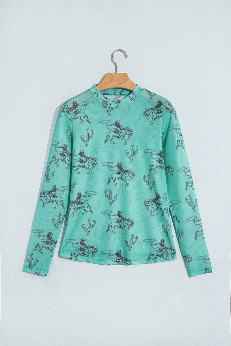 Western Print Mesh Top for Women with Mock Neck and Long Sleeves in Turquoise, hanger front view