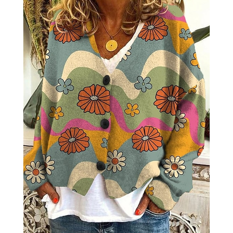 Floral Cardigan Sweater for Women with V Neck and Button Front in Multicolor, front view