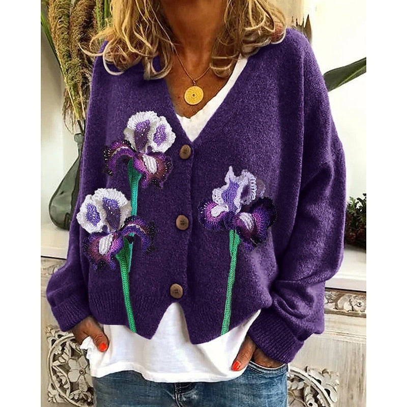 Floral Cardigan Sweater for Women with V Neck and Button Front in Purple, front view