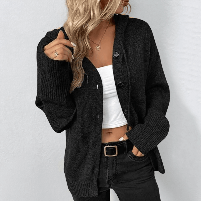 Hooded Cardigan Sweater for Women with Button Front and Drawstring in Black, front view
